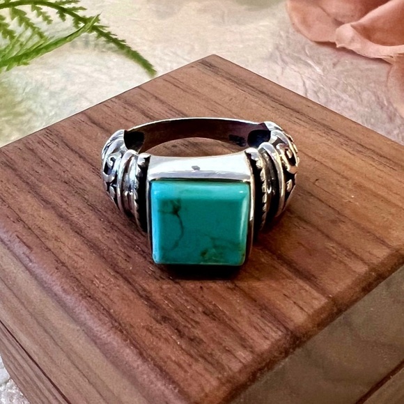 Vintage Square cut Turquoise Ring Handmade Solid 925 Sterling Silver about sz. 7 - Picture 3 of 16